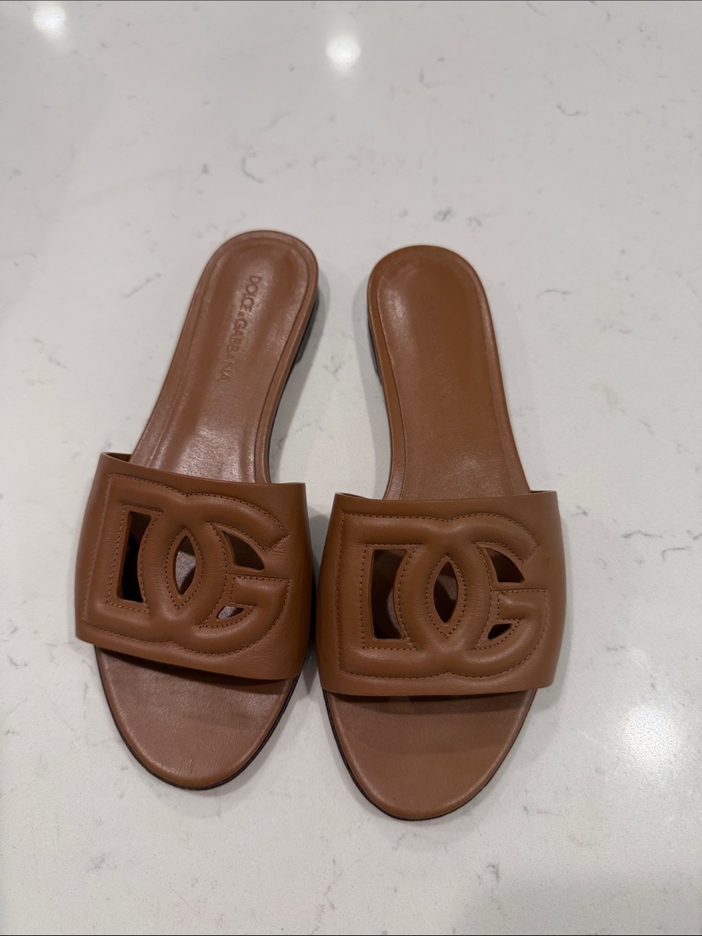 Dolce & Gabbana Tan Leather DG Logo Slide Sandals